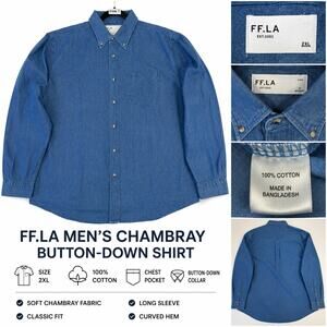 NEW FF.LA Men's Chambray Button-Down Shirt | 2XL | 100% Cotton | Blue Denim Look